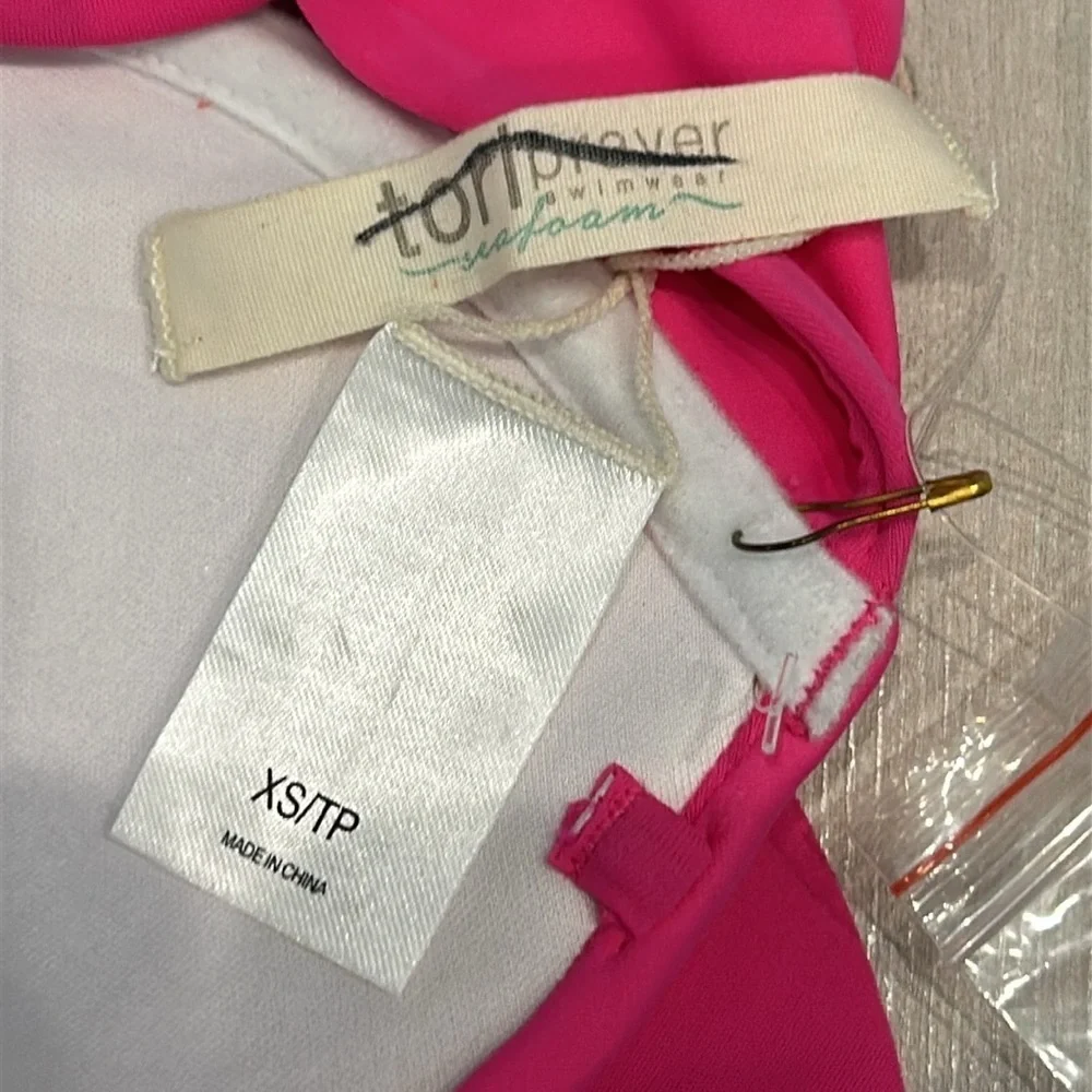 Tori Praver hot pink ruffled strapless swim bikini top size XS